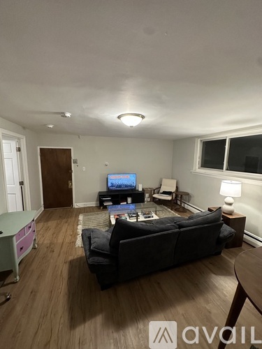 A living room with a black couch and a television on a black stand.