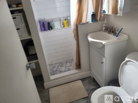A bathroom with a white toilet, sink, and a shower with a glass door.