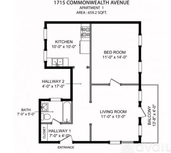 A floor plan for a one bedroom apartment at 1715 Commonwealth Avenue.