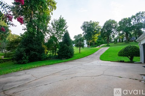 A tree-lined street curves to the right with a house on the right side.