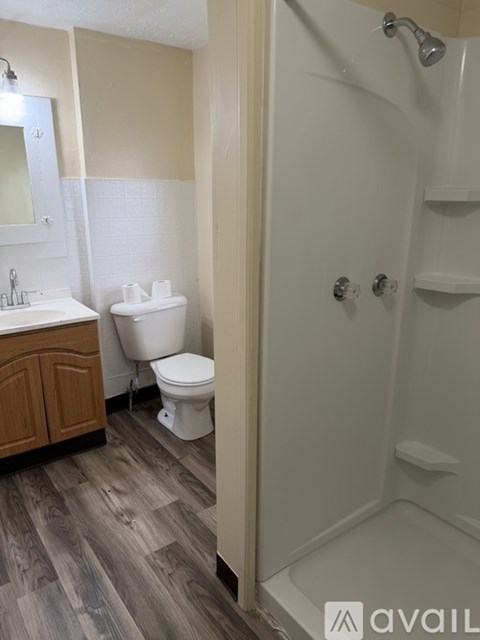 A bathroom with a toilet, sink, and shower.