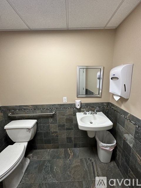 A bathroom with a toilet, sink, mirror, and trash can.