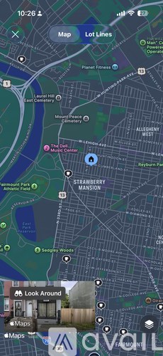 A map application is open on a device screen.