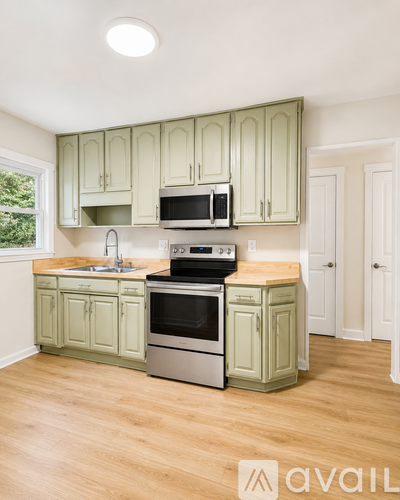 A kitchen with green cabinets and stainless steel appliances.