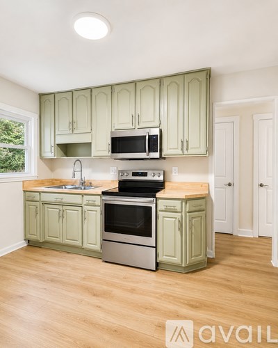 A kitchen with green cabinets and stainless steel appliances.