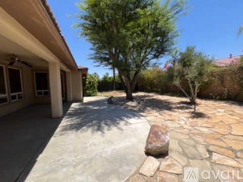 A stone pathway leads to a house with a tree in the yard.