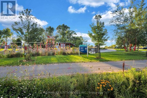 A playground with a blue sign in the foreground and trees in the background.