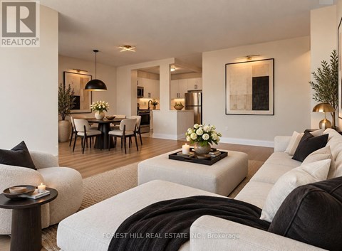 A living room with a dining area in the background.