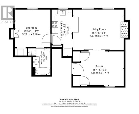 A floor plan of a house with a living room, bedroom, kitchen, and bathroom.