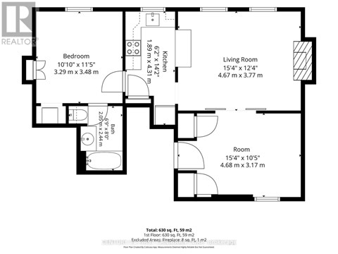 A floor plan of a house with a living room, bedroom, kitchen, and bathroom.