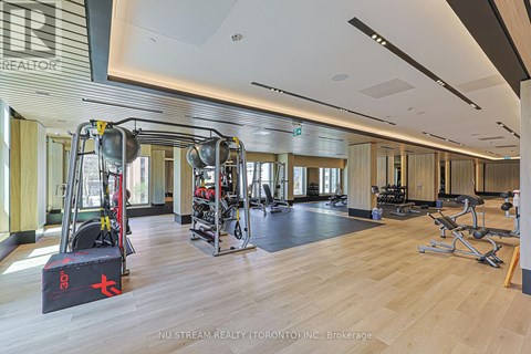 A gym with a variety of equipment including a squat rack, bench press, and a treadmill.