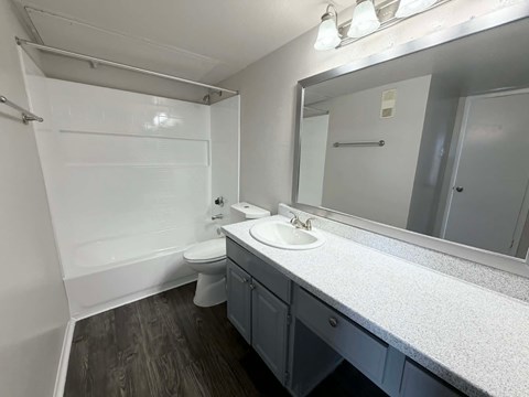 Bathroom with a toilet, sink, and mirror.