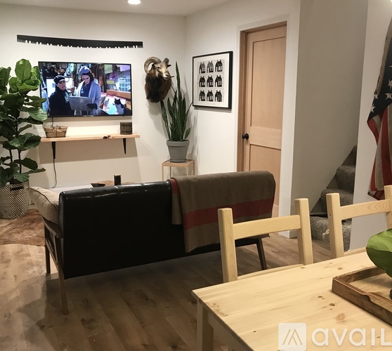 A living room with a couch, a television, and a potted plant.