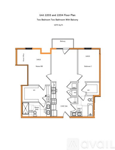 A floor plan for a two bedroom, two bathroom apartment with a balcony.