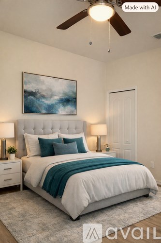 A bedroom with a large bed and a painting on the wall.