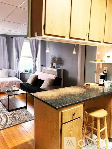 A kitchen area with a black granite countertop and wooden cabinets.