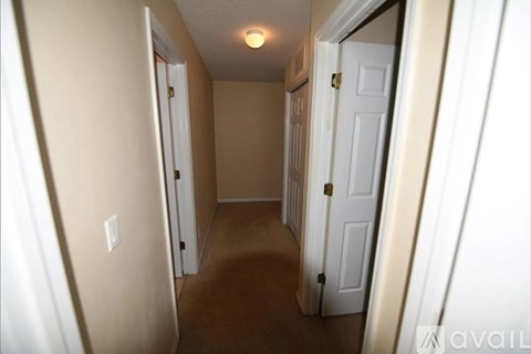 A hallway with white doors and a brown carpet.
