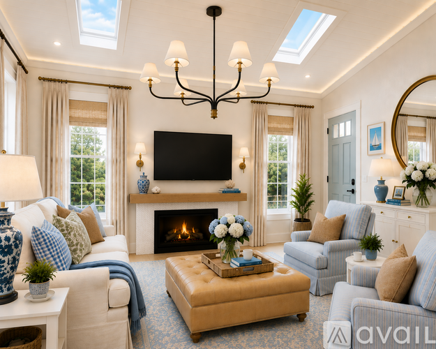 A living room with a fireplace and a television.