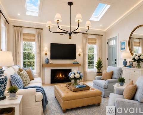 A living room with a fireplace and a television.