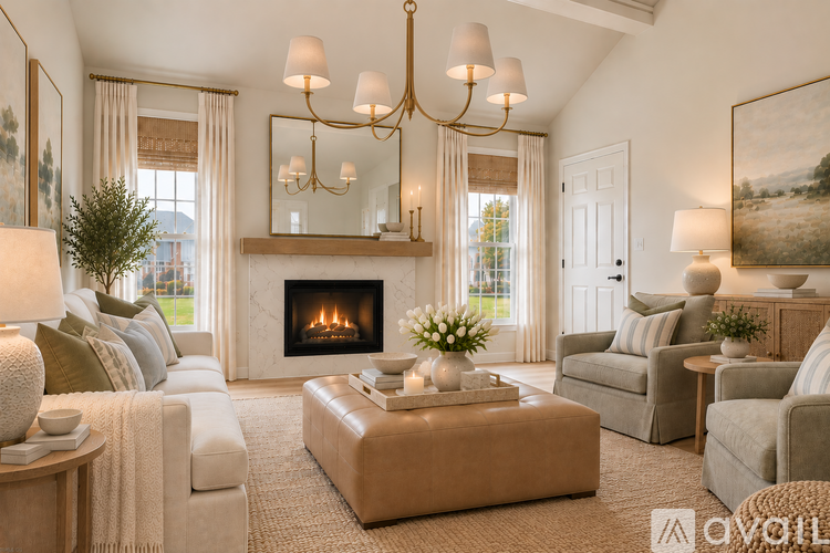 A living room with a fireplace, a sofa, a chair, a coffee table, and a painting on the wall.