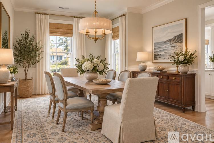 A dining room with a large table and chairs.
