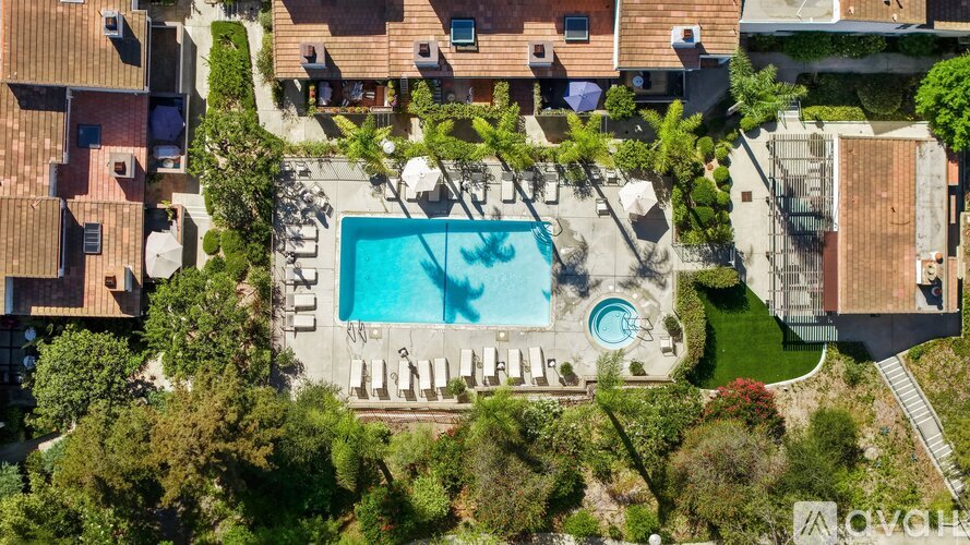 A swimming pool surrounded by trees and a building.