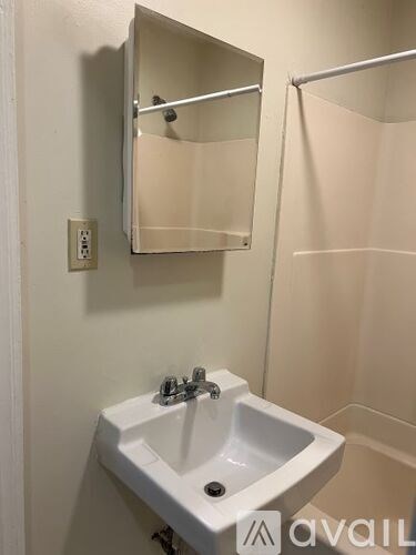 A white sink with a mirror above it and a shower door to the right.