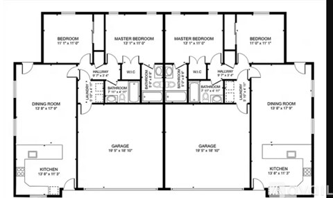 A floor plan of a house with two kitchens, two master bedrooms, two bedrooms, two bathrooms, and two dining rooms.