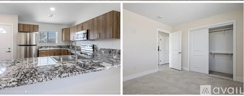A kitchen with granite countertops and a sink, and a bedroom with a large closet.