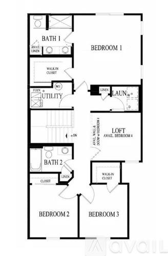 A floor plan of an apartment with four bedrooms, two bathrooms, a laundry area, and a utility space.