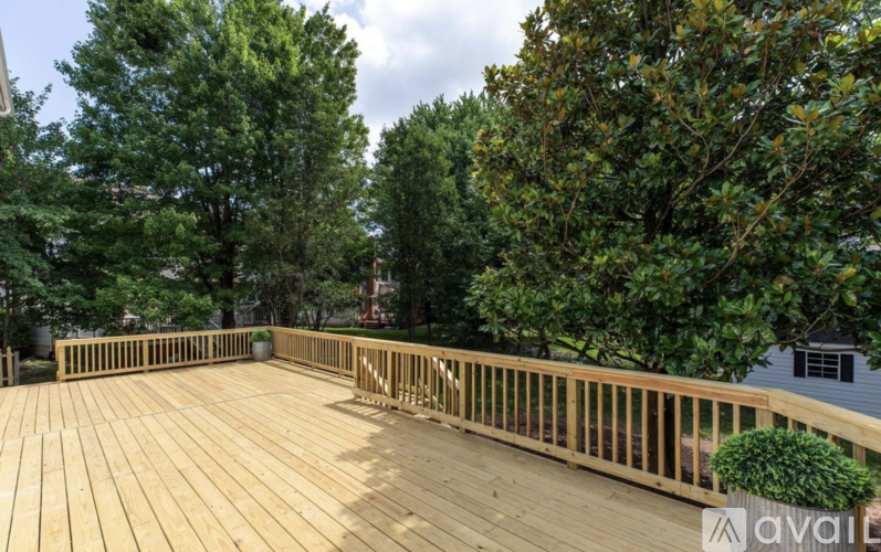 A wooden deck surrounded by trees.
