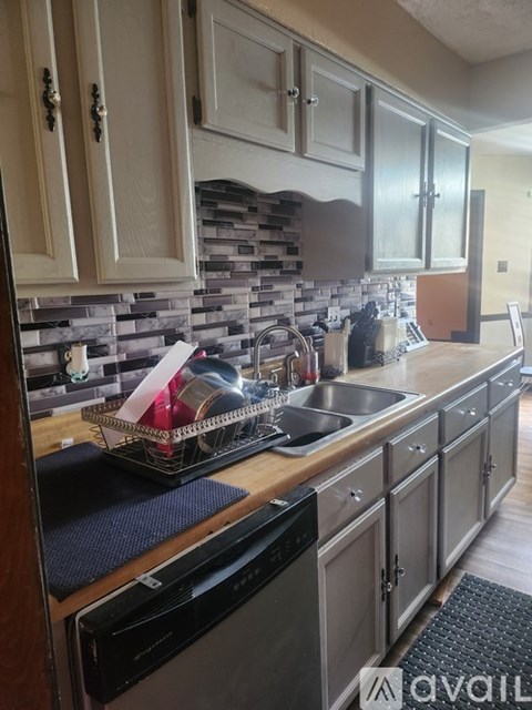 A kitchen with a black dishwasher and a black fridge.