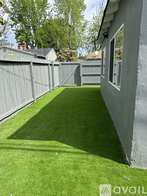 A backyard with a green lawn and a grey fence.