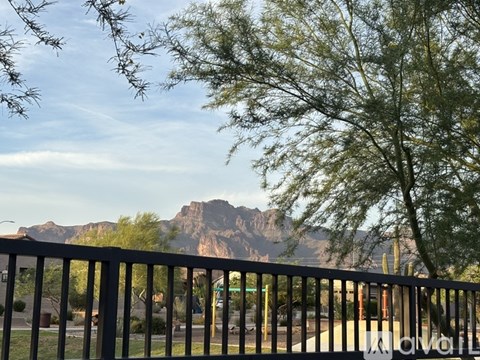 A mountain is visible behind a fence with a tree in the foreground.