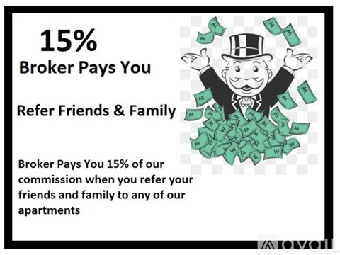 A cartoon broker character is surrounded by money and the text indicates a referral commission.