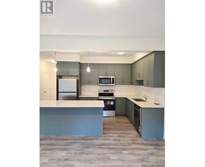 A modern kitchen with a stove top oven and a refrigerator.