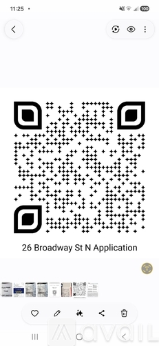 A QR code is displayed on a phone screen with the text "26 Broadway St N Application" underneath it.