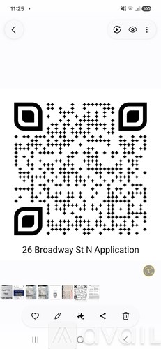 A QR code is displayed on a phone screen with the text "26 Broadway St N Application" underneath it.