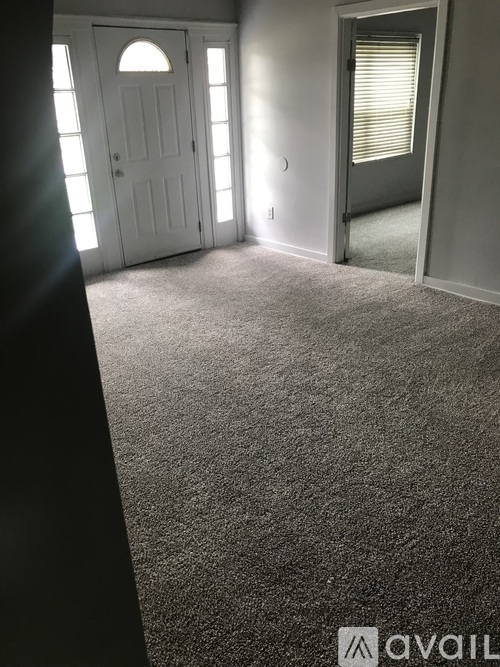 A carpeted room with a door and a window.