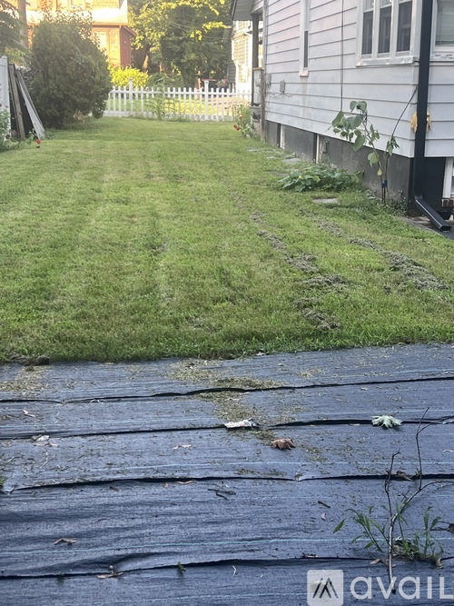 A wooden deck with a white fence and green grass in the background.