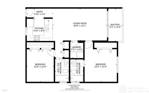 A black and white image of a floor plan for a two-bedroom apartment.