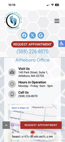 A phone screen displays a medical office's contact information and a map showing its location.