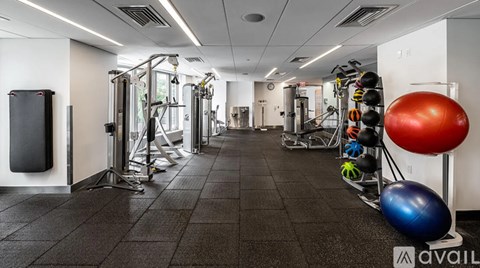 A gym with a variety of equipment including a squat rack, a bench press, and a rowing machine.