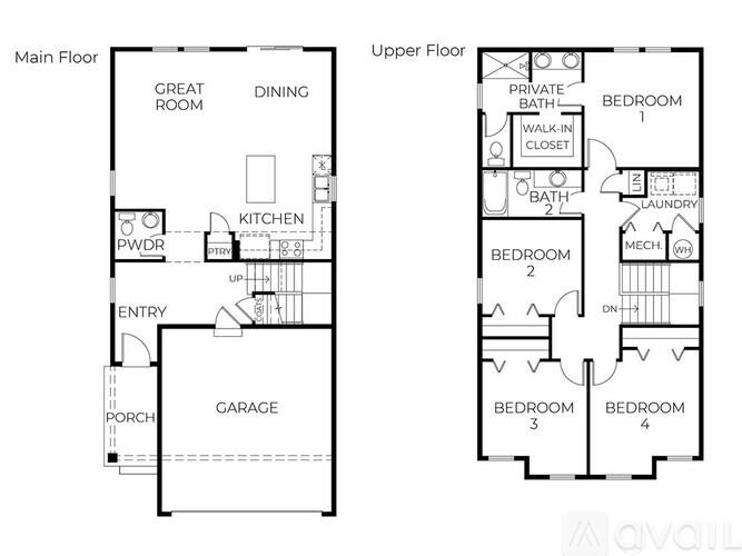 A floor plan of a two-story house with labeled rooms.
