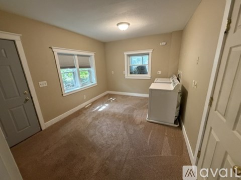 A room with a carpeted floor, two windows, and a white washing machine.