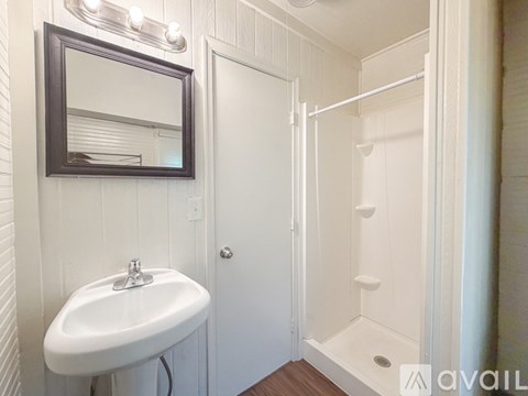 A white bathroom with a sink, mirror, and shower.