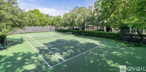A tennis court surrounded by trees and bushes.