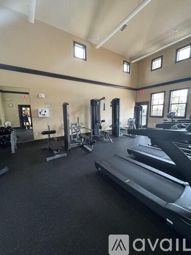 A gym with treadmills, weights, and exercise equipment.