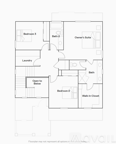 A floor plan of a house with three bedrooms and a laundry room.