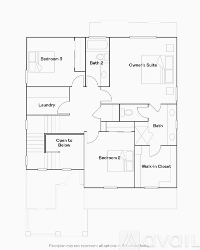 A floor plan of a house with three bedrooms and a laundry room.